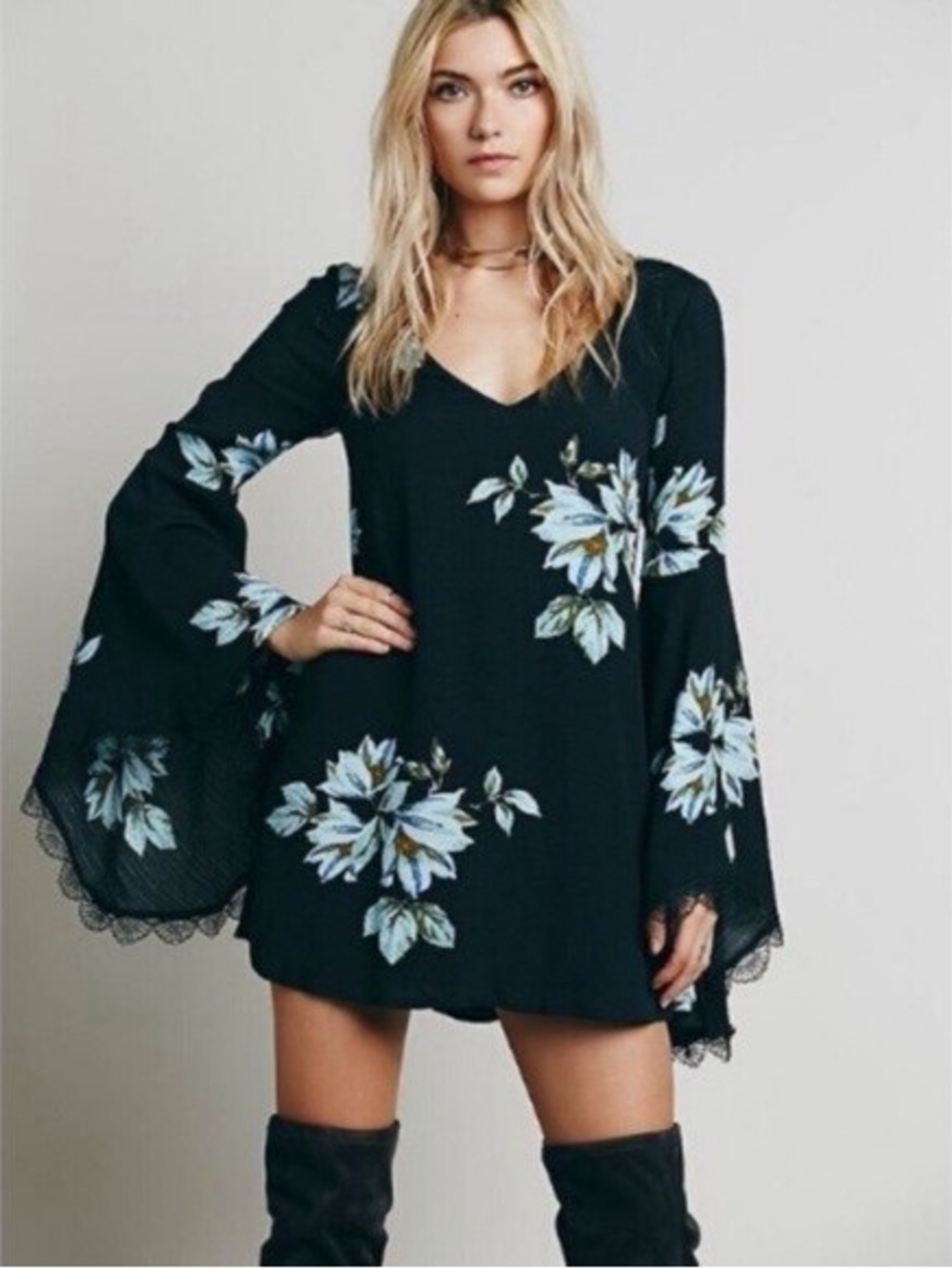 Free People Wanderer Floral Bell-Sleeve Mini Dress